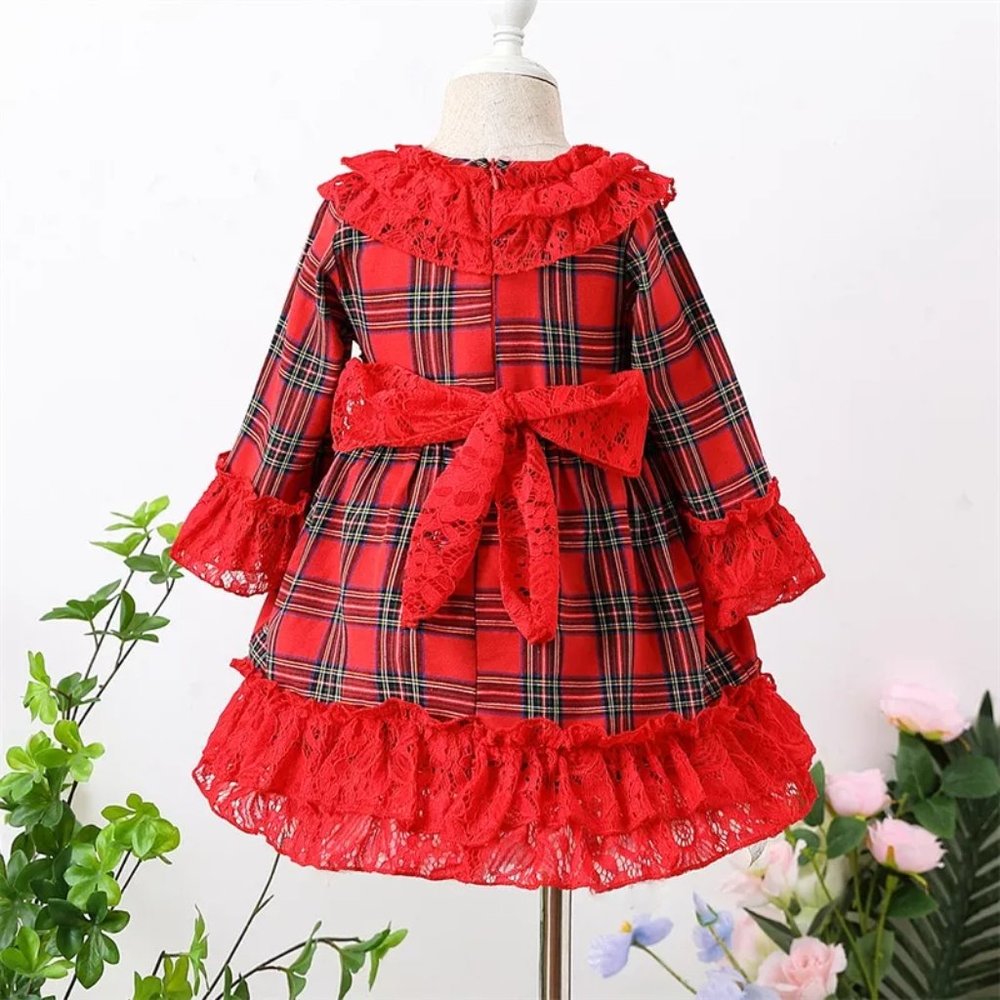 Christmas Girls Red Plaid Long Sleeve Ruffle Dress - Picture 4 of 6